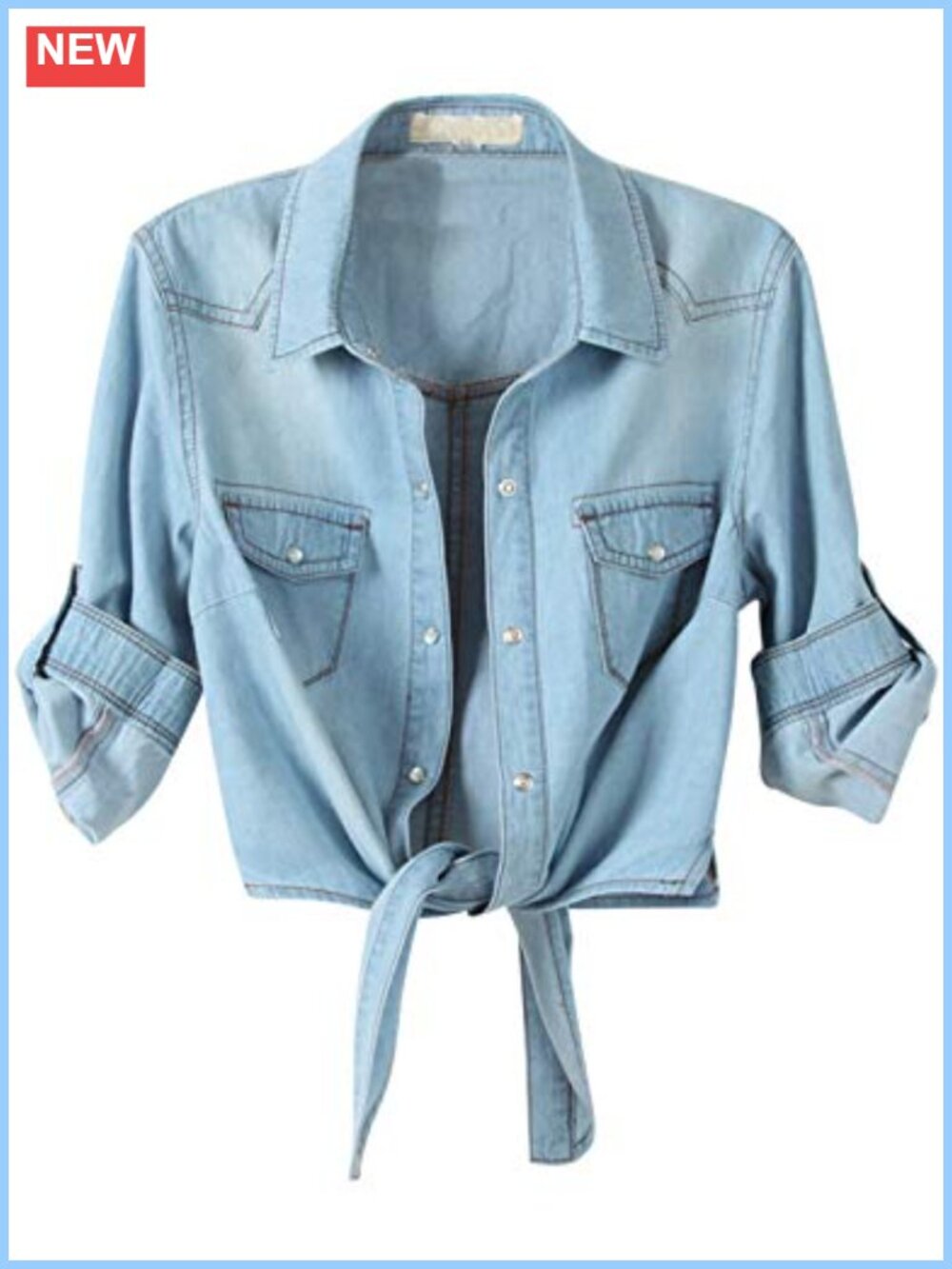 Denim Crop Top Button Down 3/4 Roll Up Sleeve Tie Front Knot Chambray